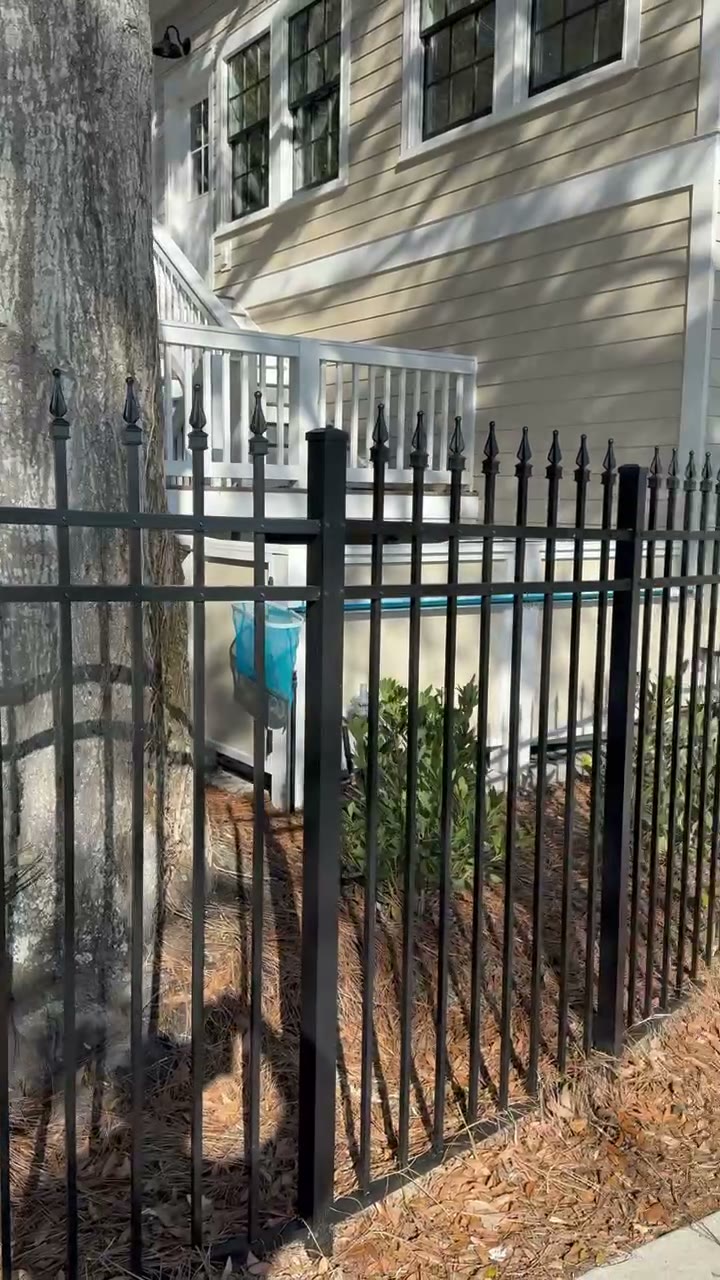 Black aluminum fence with decorative finials bordering a Jacksonville pool area