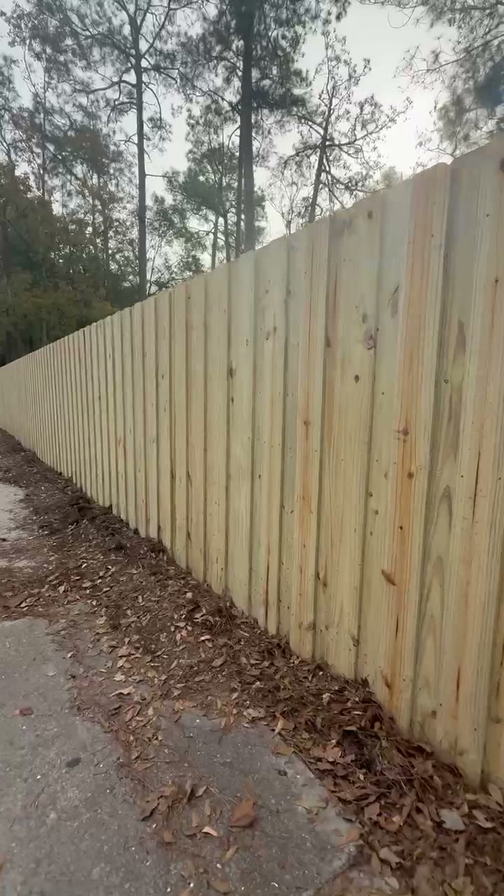 Board on board privacy fence running the length of a mulched backyard path
