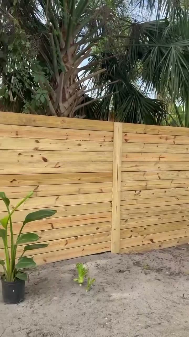 Natural wood horizontal privacy fence with palm fronds rising behind it and a potted plant at the base